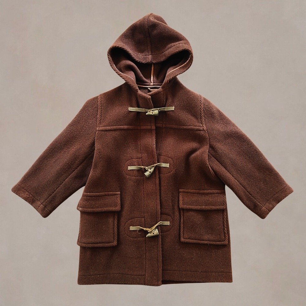 Papo d'Anjo Kids 5 Brown Herringbone Wool Duffle Coat Hooded Toggle Portugal
